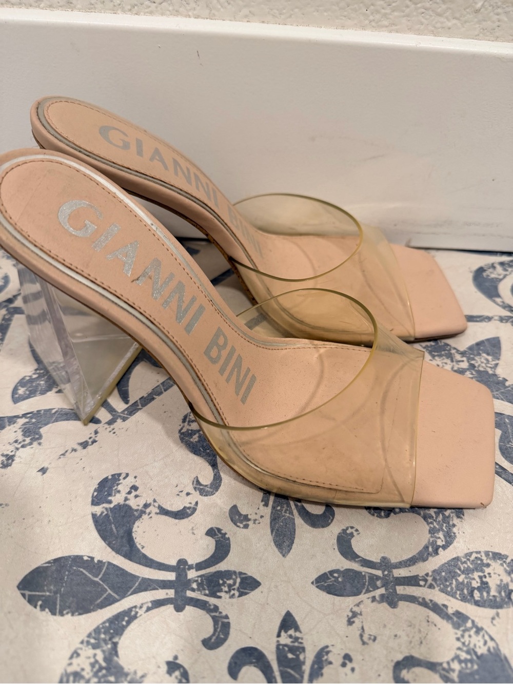 Gianni Bini Clear Strap Nude Block Heel Mules